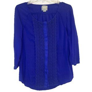 Maeve Women's Blue Button-Up Eyelet Embroidery Front 3/4 Sleeve Blouse Top Sz 2